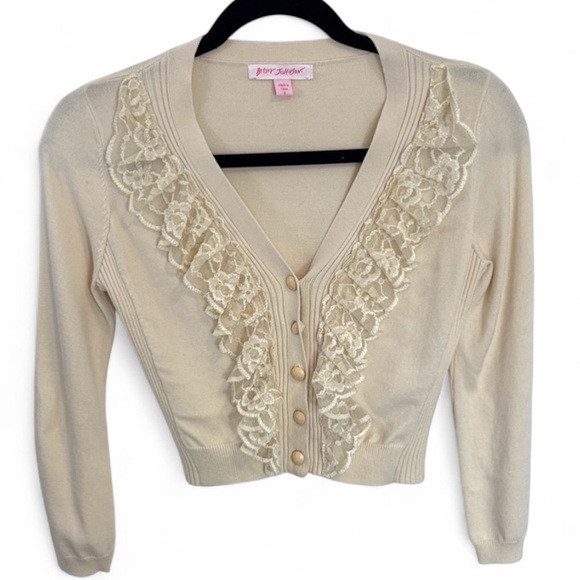 Betsey Johnson Crop Lacy Trim Cardigan Sweater Size S - Picture 2 of 6